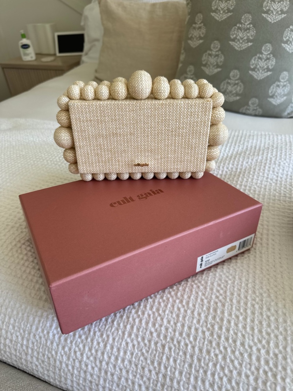 cult gaia Cream Beaded Sculptural Minaudière Clutch